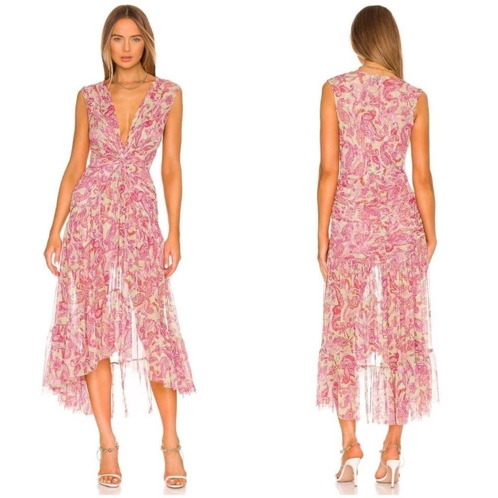 MISA LA Ava Mesh Maxi Dress in Vintage Paisley V-Neck Twist Waist Tiered small